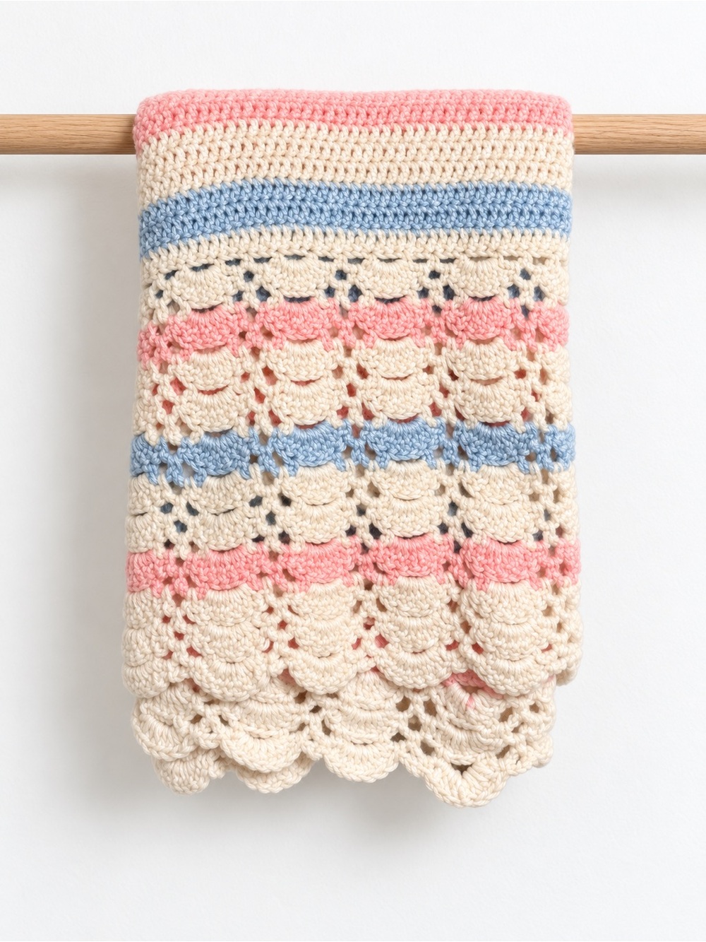 Handmade Crochet Baby Blanket Scalloped Pink Blue Cream Square Cottagecore